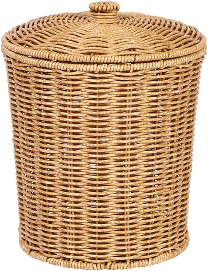 Zerodeko Rattan Waste Basket with Lid Wicker Trash Can Round Trash Bin Woven Storage Basket Clothes Container for Bedroom, Living Room and Bathroom Basket