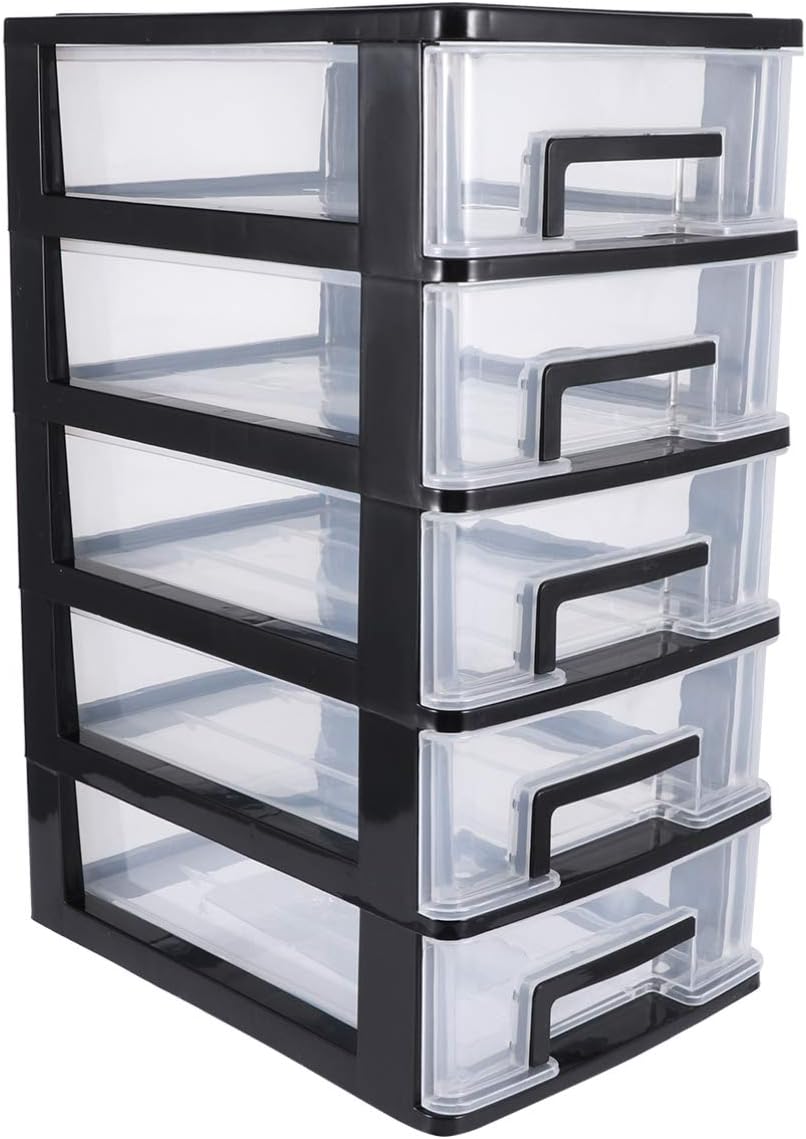5 Drawer Plastic Drawer Organizer, Clear Desktop Drawer Storage Cabinet Five Layer Storage Case Waterproof Storage Box Multilayer Sundries Holder for Home School Office (Black)