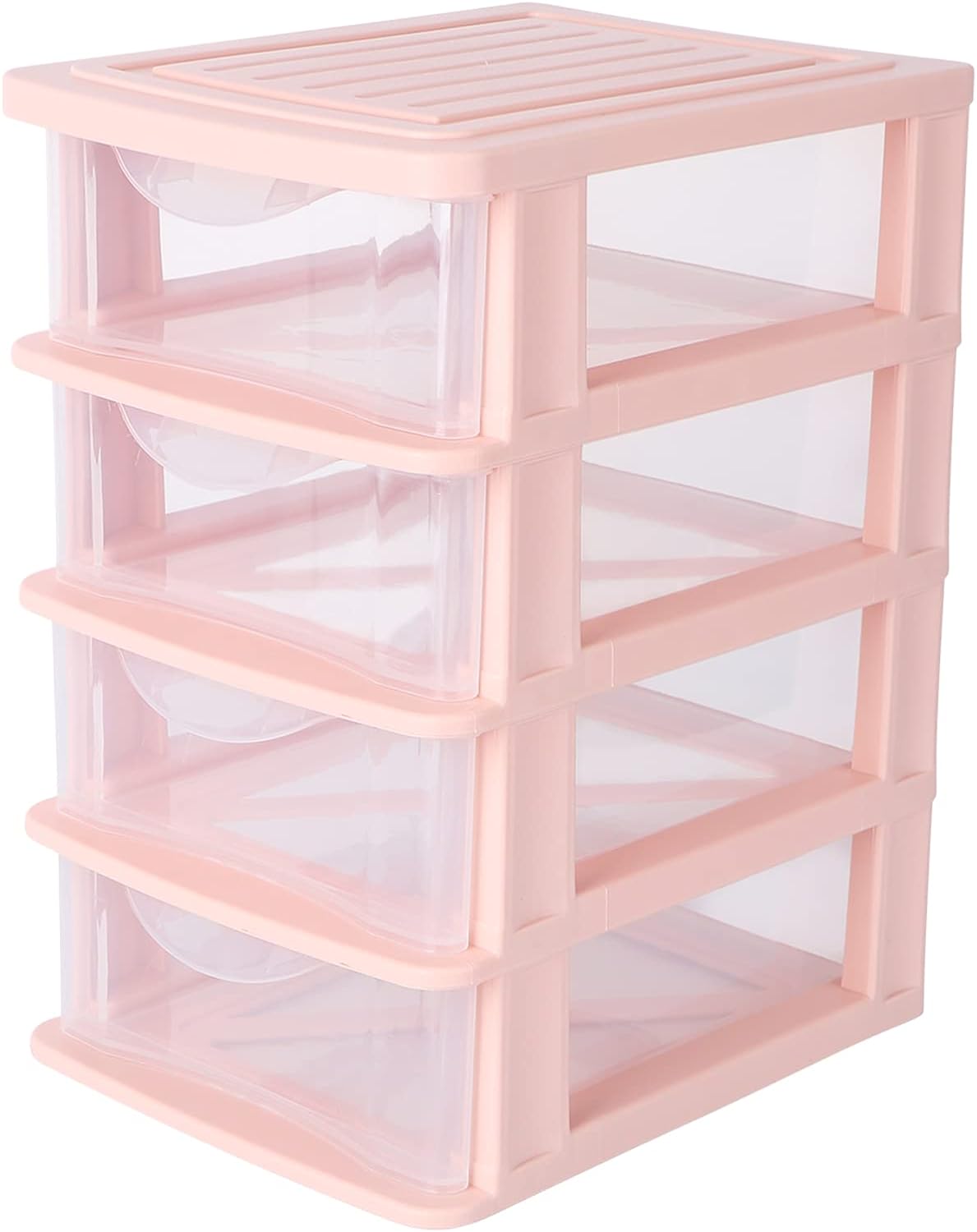 Desktop 4 Drawer Organizer, Transparent Plastic Drawer Storage Cabinet, Waterproof Storage Case Multilayer Storage Box for Home Office School (Pink)1