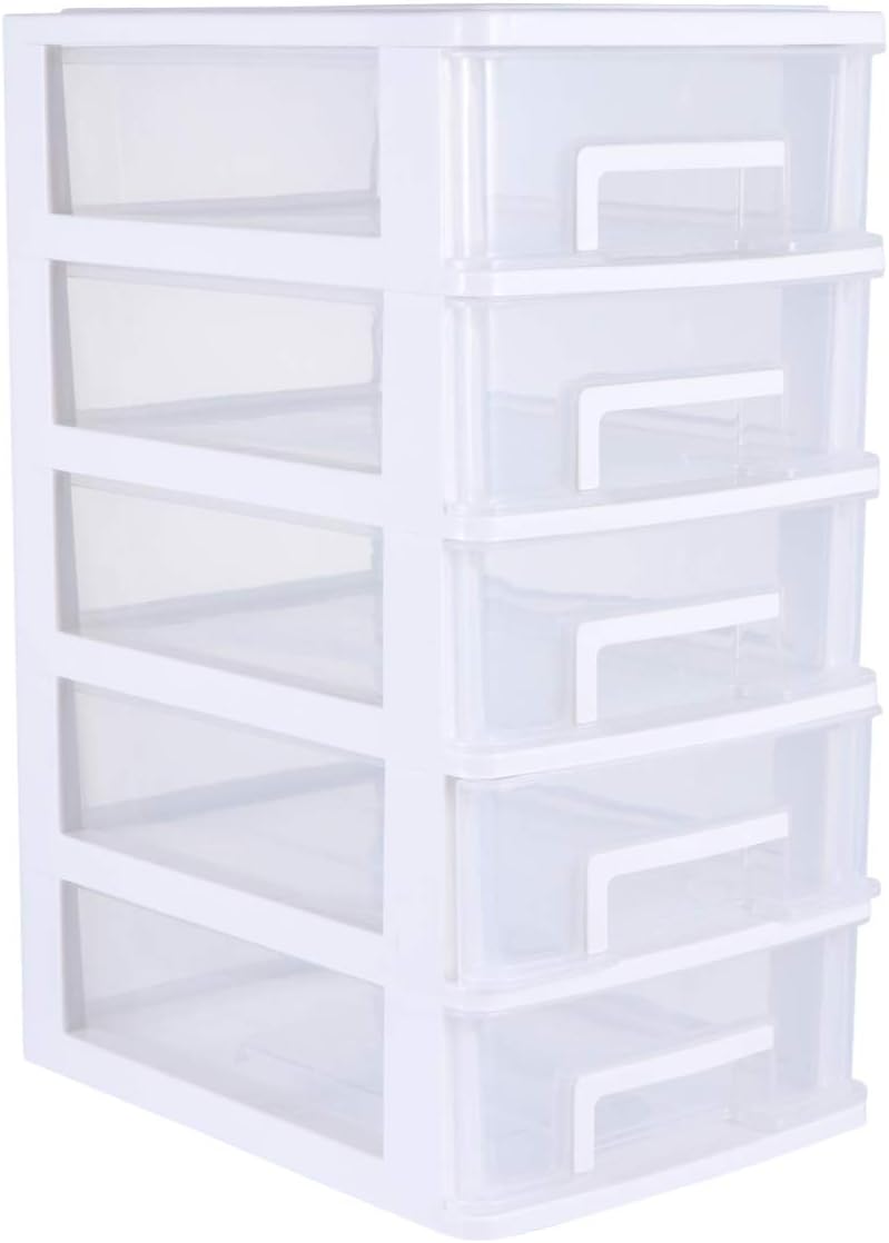 5 Drawer Plastic Drawer Organizer, Clear Desktop Drawer Storage Cabinet Five Layer Storage Case Waterproof Storage Box Multilayer Sundries Holder for Home School Office (White)1