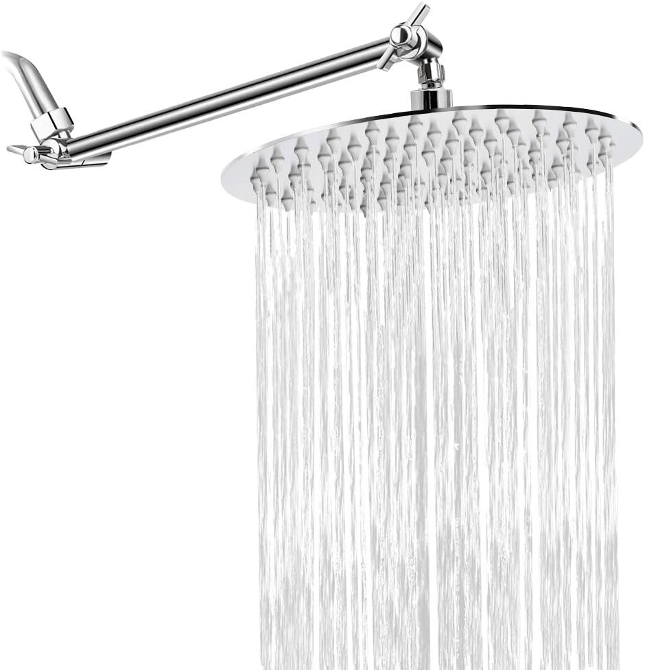 Rain Shower Head with 11'' Adjustable Arm, NearMoon High Pressure Stainless Steel Rainfall Showerhead, Ultra-Thin Design - Pressure Boosting (8-Inch Shower Head with Arm, Chrome)