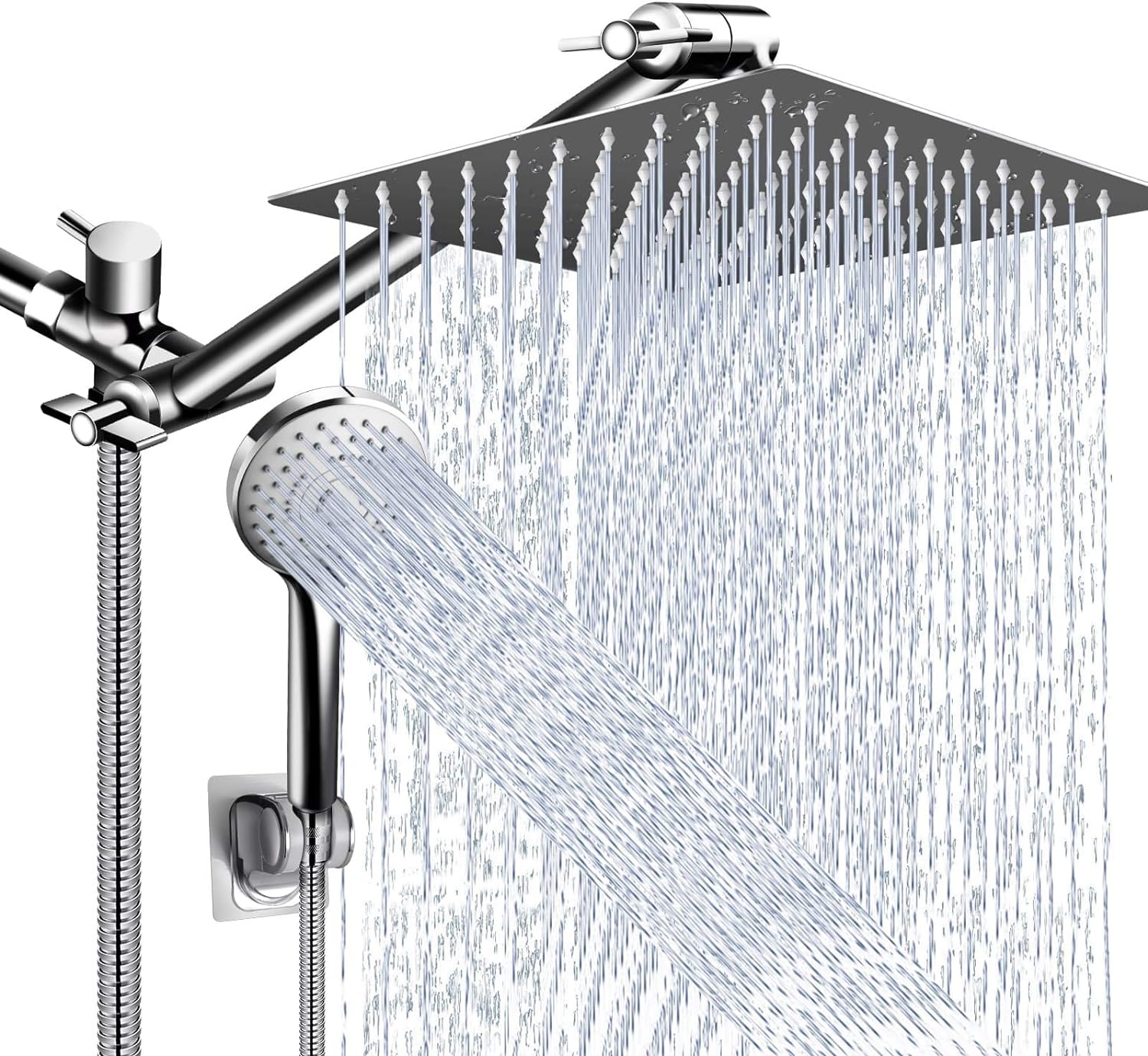 Shower Head Combo,10 Inch High Pressure Rain Shower Head with 11 Inch Adjustable Extension Arm and 5 Settings Handheld ,Powerful Shower Spray Against Low Pressure Water with Long Hose