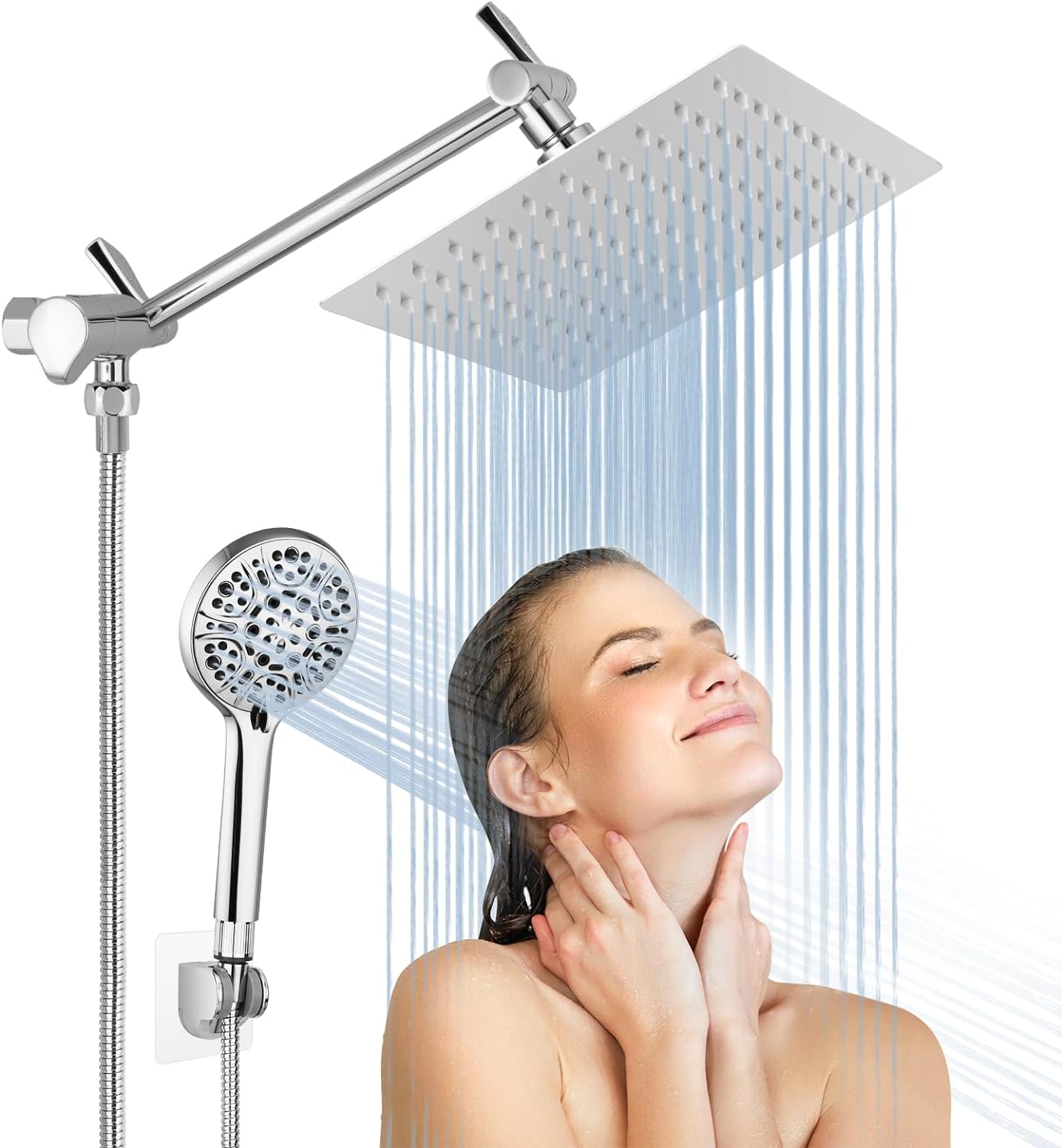 Rain Shower Head with Handheld, Lanhado 8'' High Pressure Rainfall 9 Settings Shower Head with 11'' Extension Arm, Holder & Hose, Anti-leak Waterfall, Chrome