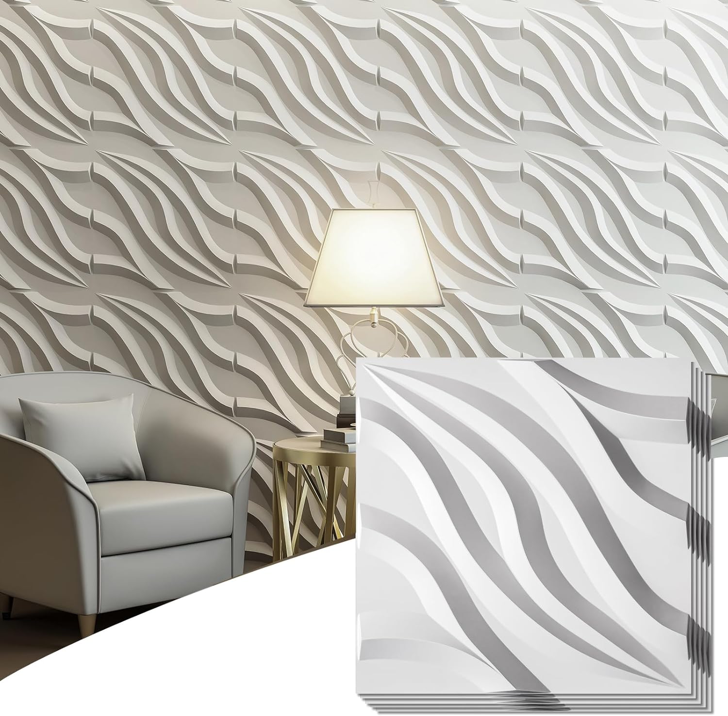 Art3d PVC 3D Wall Tile-Flowing Wave in White, Paintable 3D Panel, 19.7in. X 19.7in. Pack of 12, Covers 32 Sq.Ft