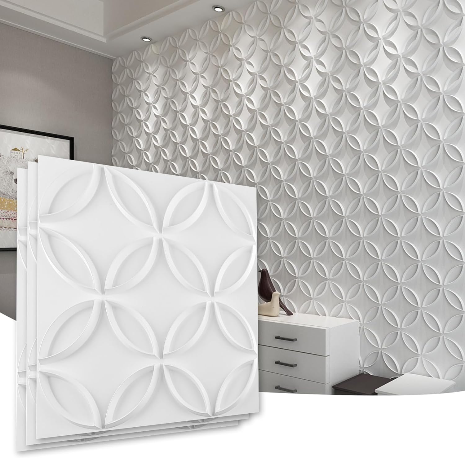 Art3d PVC 3D Wall Panel Interlocked Circles in Matt White Cover 32 Sq.ft, for Interior Ceiling and Wall Decor for Residential or Commerical