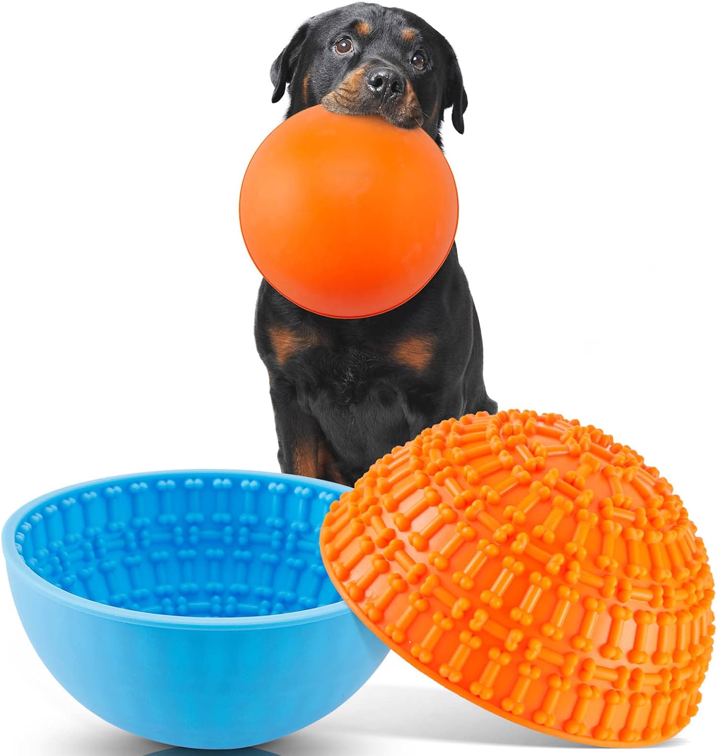 2 Pcs Silicone Dog Lick Bowl Pet Interactive Dog Slow Feeder Bowls for Oral Health Preventing Choking Anxiety Relief Wobble or Stay PutBlue, Orange, Bone