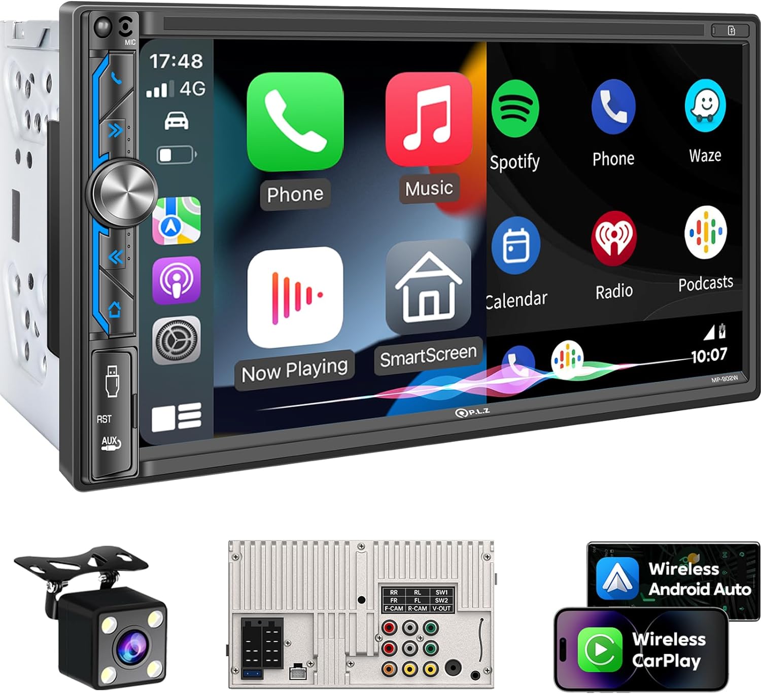 PLZ Wireless Double Din Car Stereo Apple Car Play Radio, Bluetooth 5.3, Audio Receivers, 7 Carplay Android Auto Touch Screen, 4.2 Channel Voice Outputs, 240W, Subwoofers, Backup Camera, SWC FM/AM