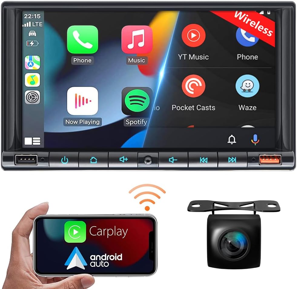 2024 Newest 7 Inch Double Din Car Stereo for Wireless Carplay&Android Auto with Voice Control,Car Radio with HD Touch Screen Bluetooth5.2, AM/FM/Mirror Link/Backup Camera/SWC/AUX/MIC/DSP