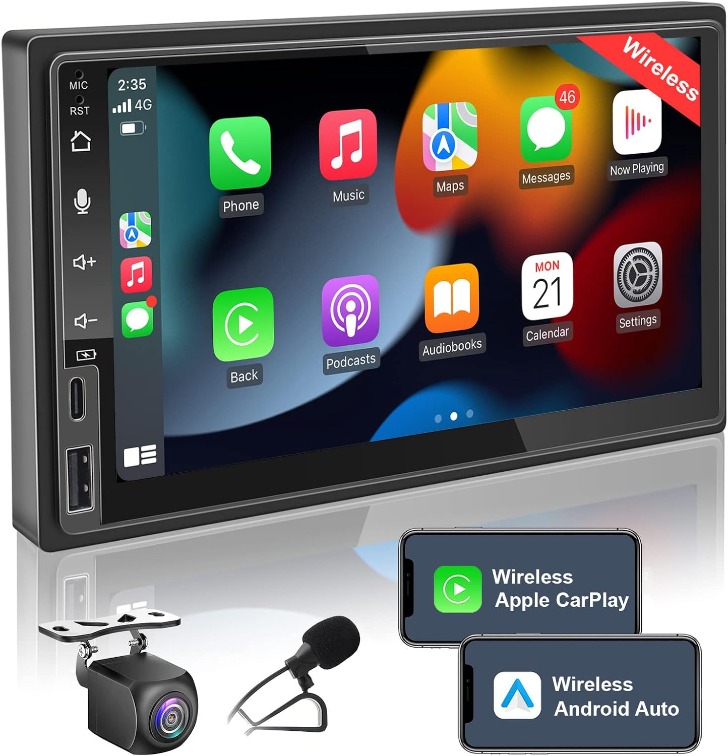 7 Inch Double Din Touchscreen Car Stereo with Wireless CarPlay & Android Auto, Bluetooth, Rearview Camera, Type C Fast Charge, Airplay, USB/SWC/AUX, AM/FM Radio