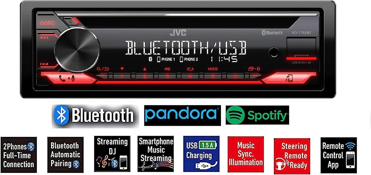 JVC Single-Din Built-in Bluetooth, Dual Phone Connection, Android Music Playback, CD MP3 AM/FM USB AUX Input Car Stereo Player, Pandora Spotify Control iHeart Radio Receiver w/FREE ALPHASONIK EARBUDS