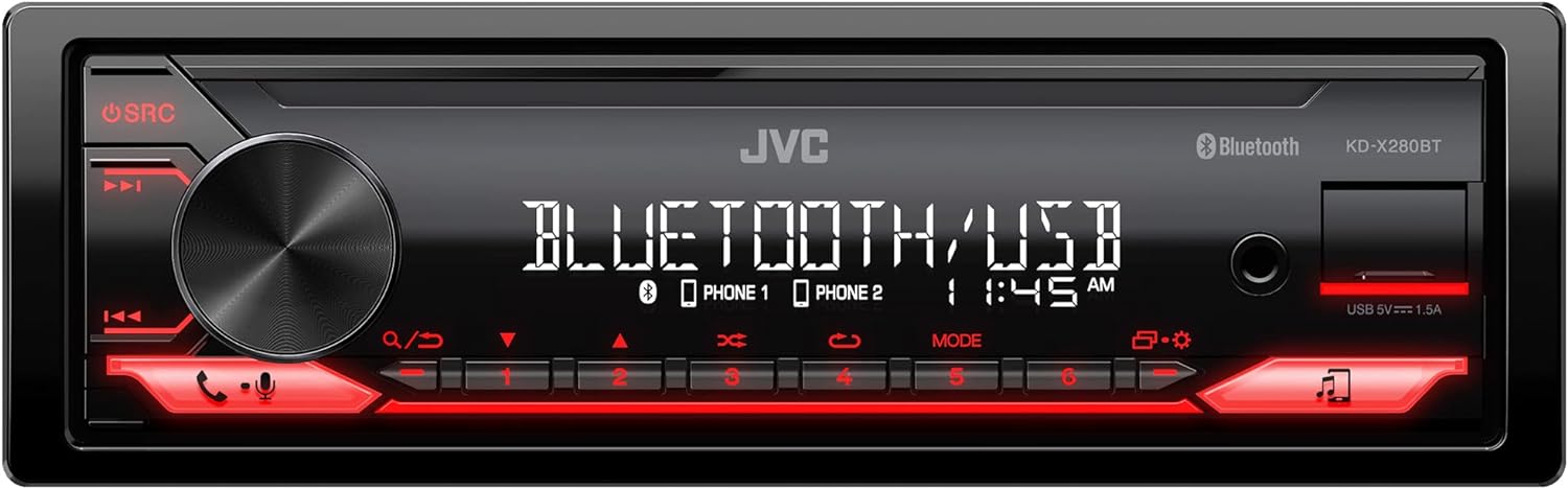 JVC KD-X280BT Bluetooth Car Stereo w/USB Port  AM/FM Radio, MP3 Player, High Contrast LCD, 50 Watts, Detachable Face Plate  Single DIN  13-Band EQ