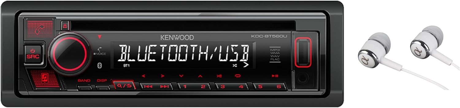 Kenwood Single DIN Bluetooth CD/AM/FM USB Auxiliary Input Car Stereo Receiver w/ Dual Phone Connection, Pandora/Spotify/iHeartRadio, Apple iPhone and Android Control with ALPHASONIK EARBUDS