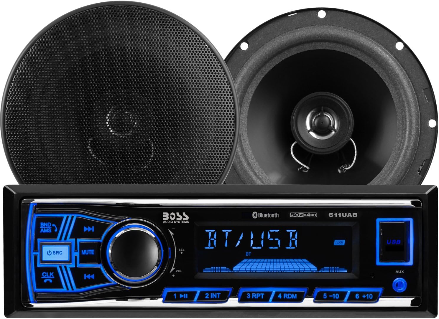 BOSS Audio Systems 638BCK Car Stereo Package  Single Din, Bluetooth Audio and Calling, Aux in, USB, No CD DVD Player, AM/FM Radio Receiver, 6.5 Inch 2 Way Full Range Speakers