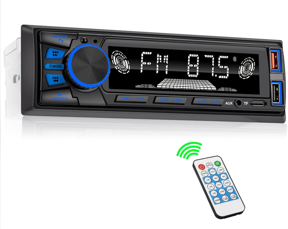 1233 Bluetooth Single DIN Car Stereo, MP3 Player, Hands-Free Calling, FM Radio, Dual USB, TF Card Reader, AUX Input, EQ, Quick Charge