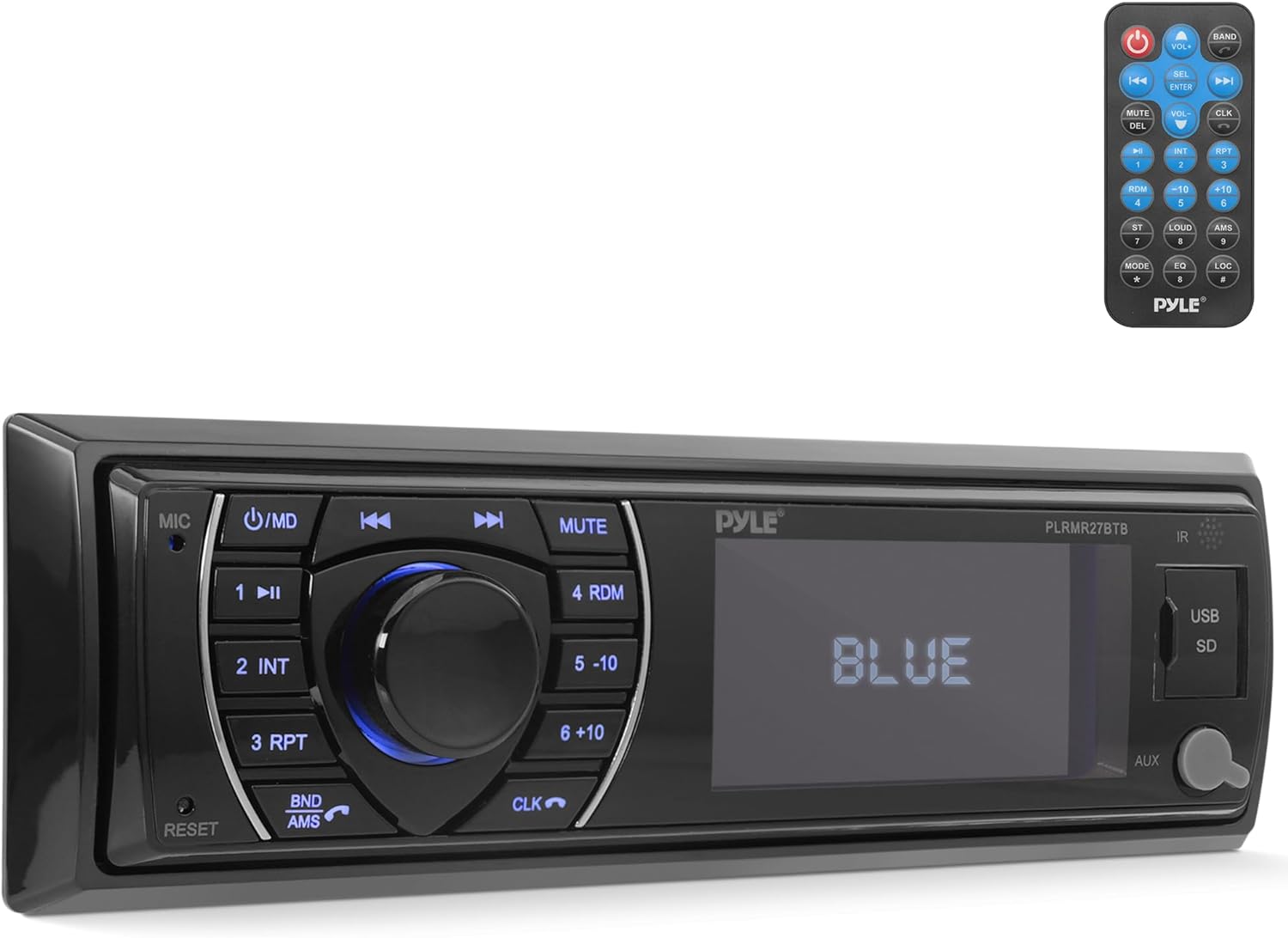 Pyle Bluetooth Marine Receiver Stereo - 12v Single DIN Style Boat In dash Radio Receiver System with Digital LCD, RCA, MP3, USB, SD, AM FM Radio - Remote Control, Wiring Harness - PLRMR27BTB (Black)