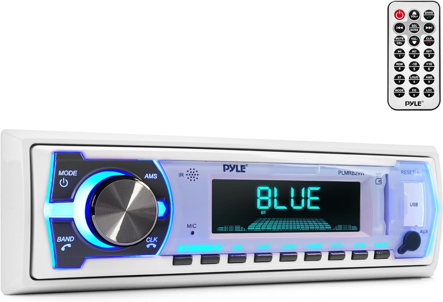 Pyle Marine Bluetooth Stereo Radio - 12v Single DIN Style Boat In dash Radio Receiver System with Built-in Mic, Digital LCD, RCA, MP3, USB, SD, AM FM Radio - Remote Control - PLMRB29W (White)