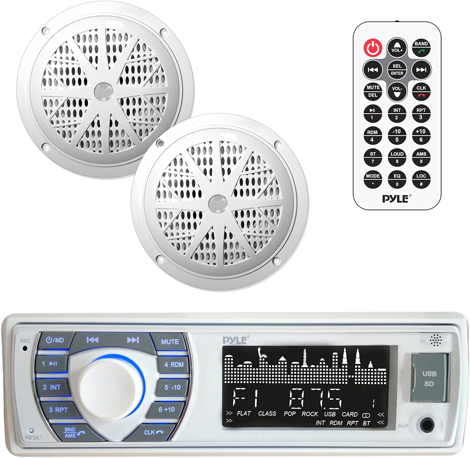 Pyle Marine Receiver & Speaker Kit - In-Dash LCD Digital Stereo Built-in Bluetooth & Microphone w/ AM FM Radio System 5.25 Waterproof Speakers (2) MP3/USB/SD Readers & Remote Control - PLMRKT36WT