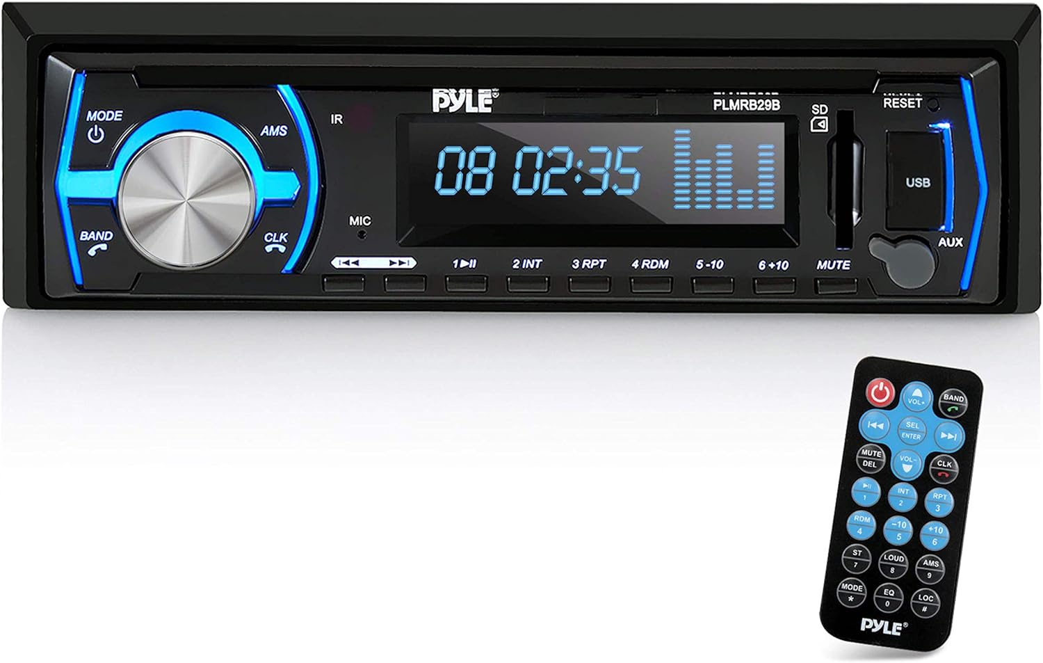 Pyle Marine Bluetooth Stereo Radio - 12v Single DIN Style Boat In dash Radio Receiver System with Built-in Mic, Digital LCD, RCA, MP3, USB, SD, AM FM Radio - Remote Control - PLMRB29B (Black)