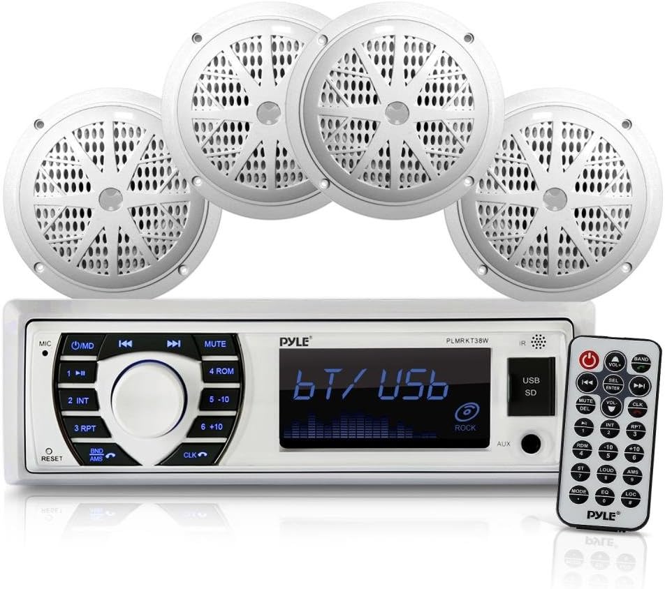 Pyle Marine Radio Receiver Speaker Set 12v Single Din Style Bluetooth Compatible Waterproof Digital Boat In Dash Console System with Mic 4 Speakers, Remote Control, Wiring Harness PLMRKT38W (White)