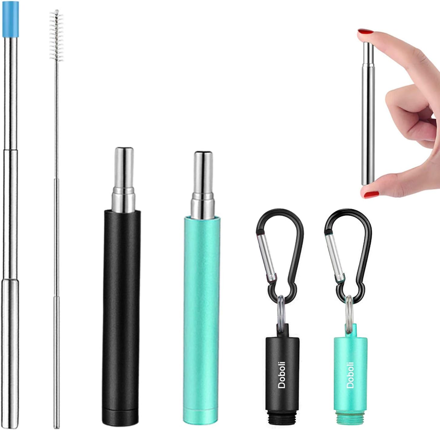 2 Pack Reusable Metal Straws Collapsible Stainless Steel Drinking Straw Travel Portable Telescopic Straw with Case,2 Cleaning Brushes Included Black/Turquoise