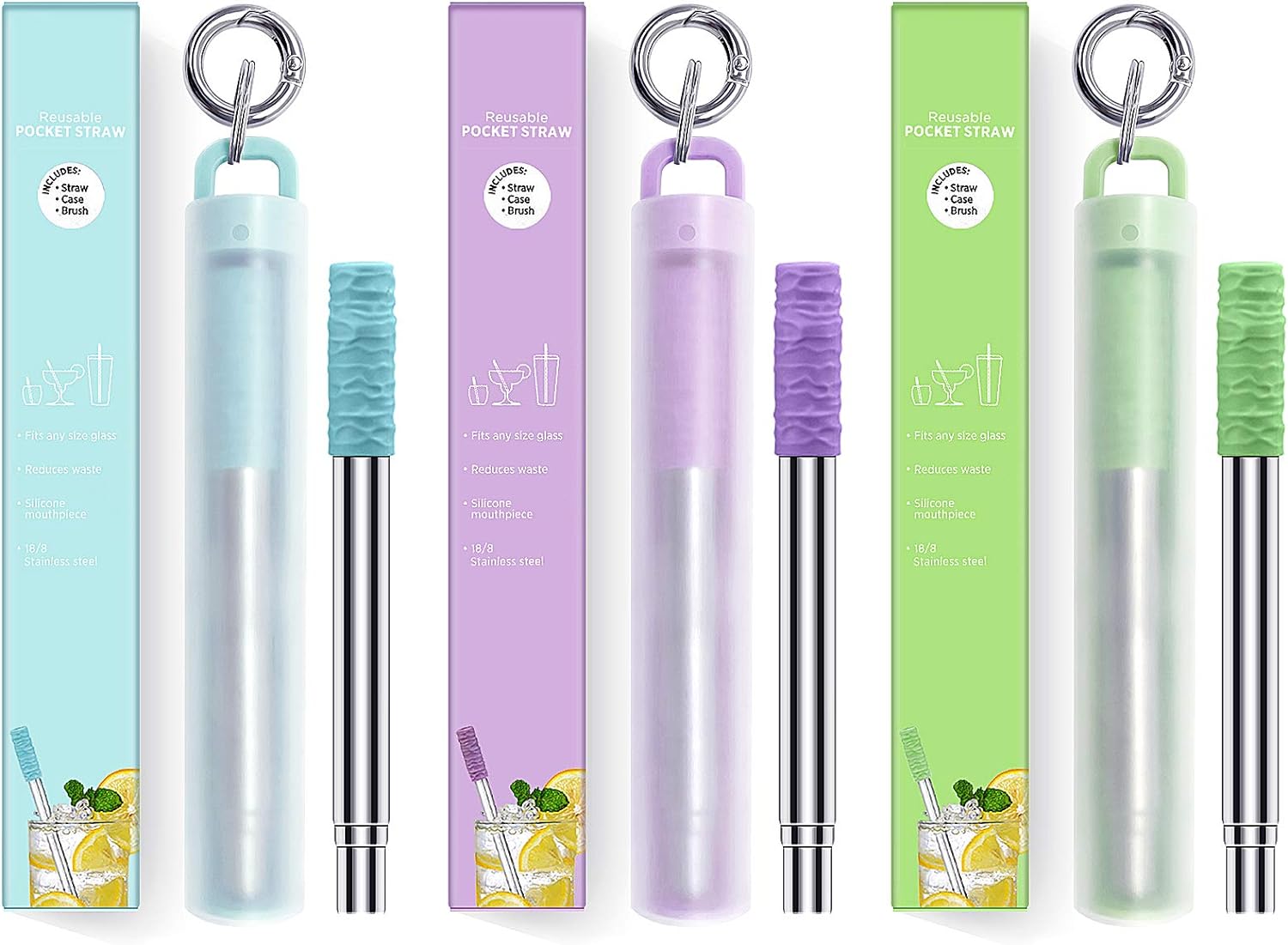 Metal Straws 3 Pack Reusable Collapsible Stainless Steel Straw Portable Telescopic Straws Drinking Easy to Clean with Silicone Tips,Travel Case,Keychain,Cleaner Brush(Green & Blue & Purple)