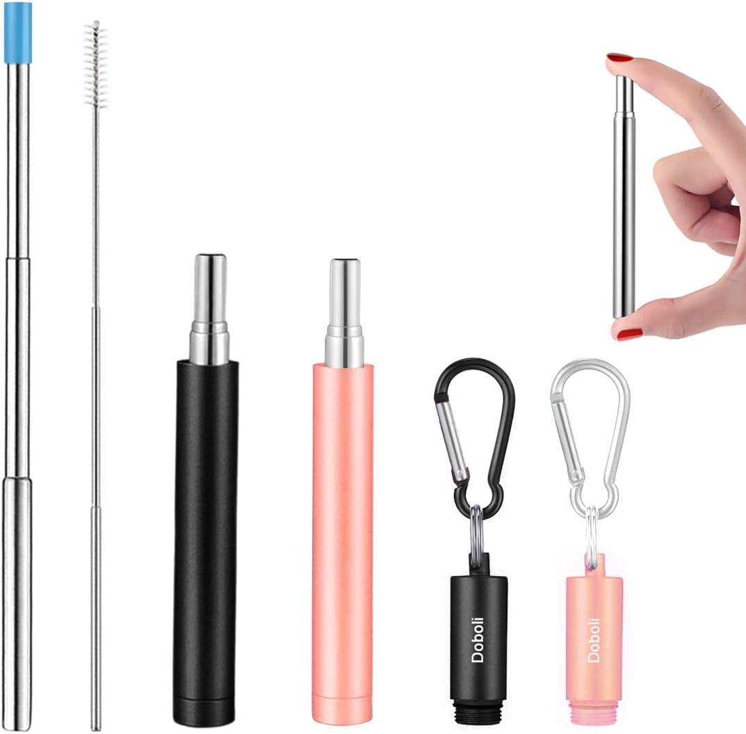 2 Pack Reusable Metal Straws Collapsible Stainless Steel Drinking Straw Travel Portable Telescopic Straw with Case,2 Cleaning Brushes Included Black/Rose Gold