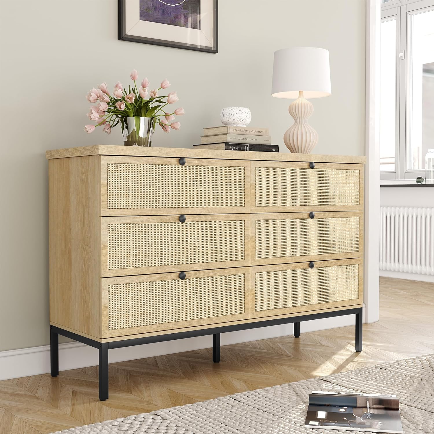 Modern 6 Drawer Dresser with Natural Rattan Drawers, Industrial Wood Double Dresser for Bedroom with Sturdy Steel Legs, Closet Storage Dressers Organizer TV Stand Dresser for Living Room Hallway