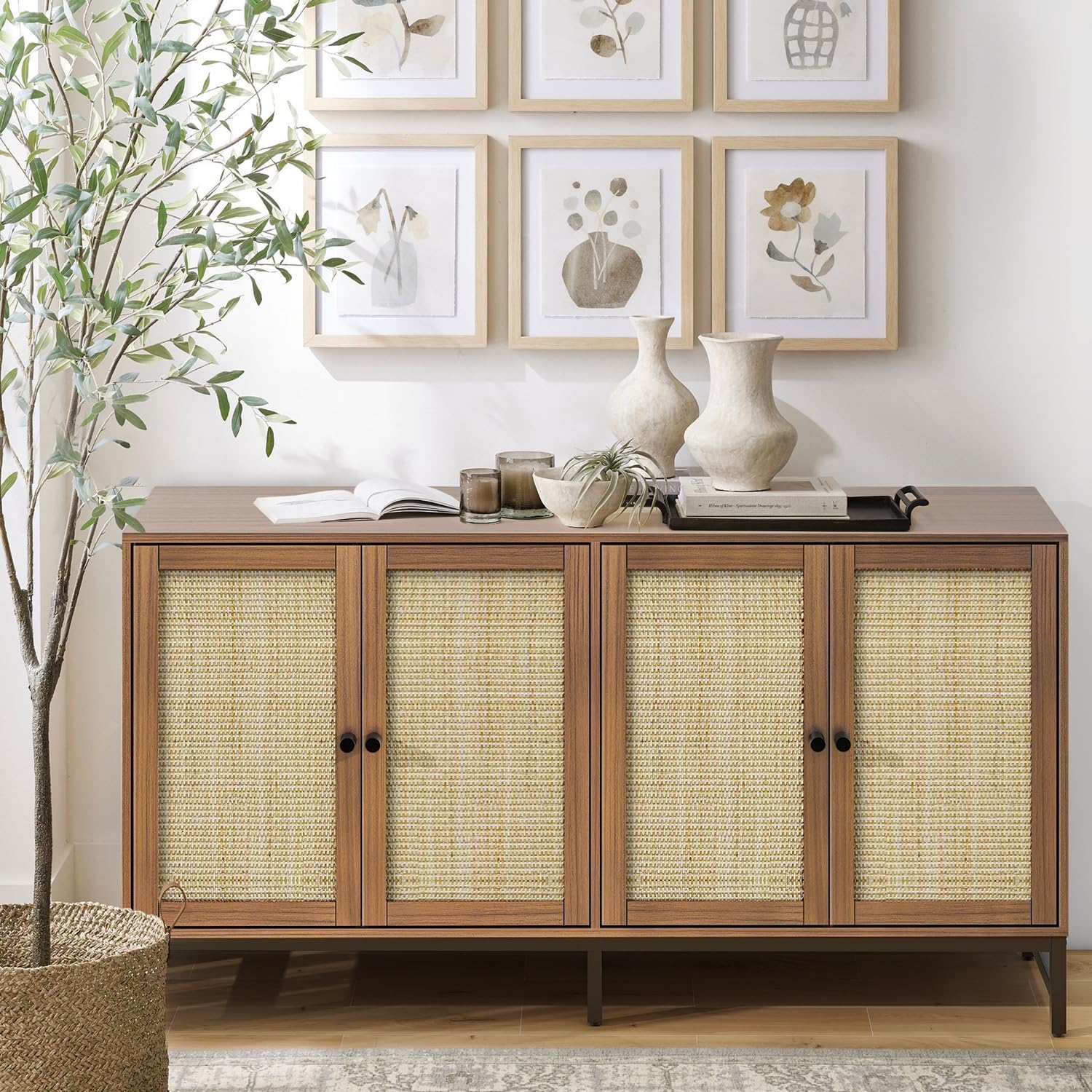 Credenza Rattan Buffet Cabinet, Sideboard Storage Accent Cabinet with 4 Wicker Doors, Wide Modern Console Cabinet for Kitchen, Living Room and Dining Room, Walnut