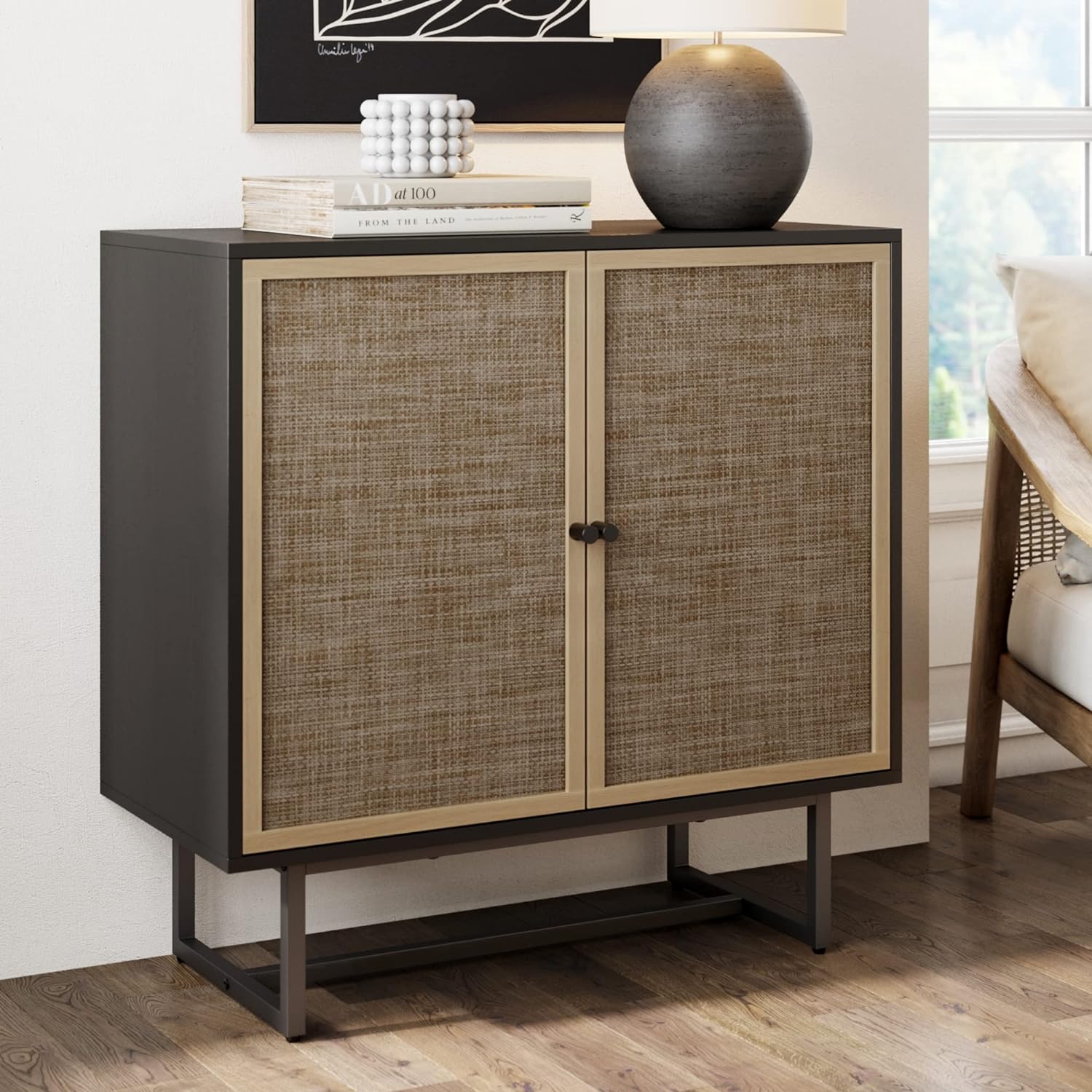 Nathan James Kova Modern Free Accent Storage Cabinet Buffet Sideboard TV Stand for Hallway, Entryway or Living Room, 1, Black Oak/Cane