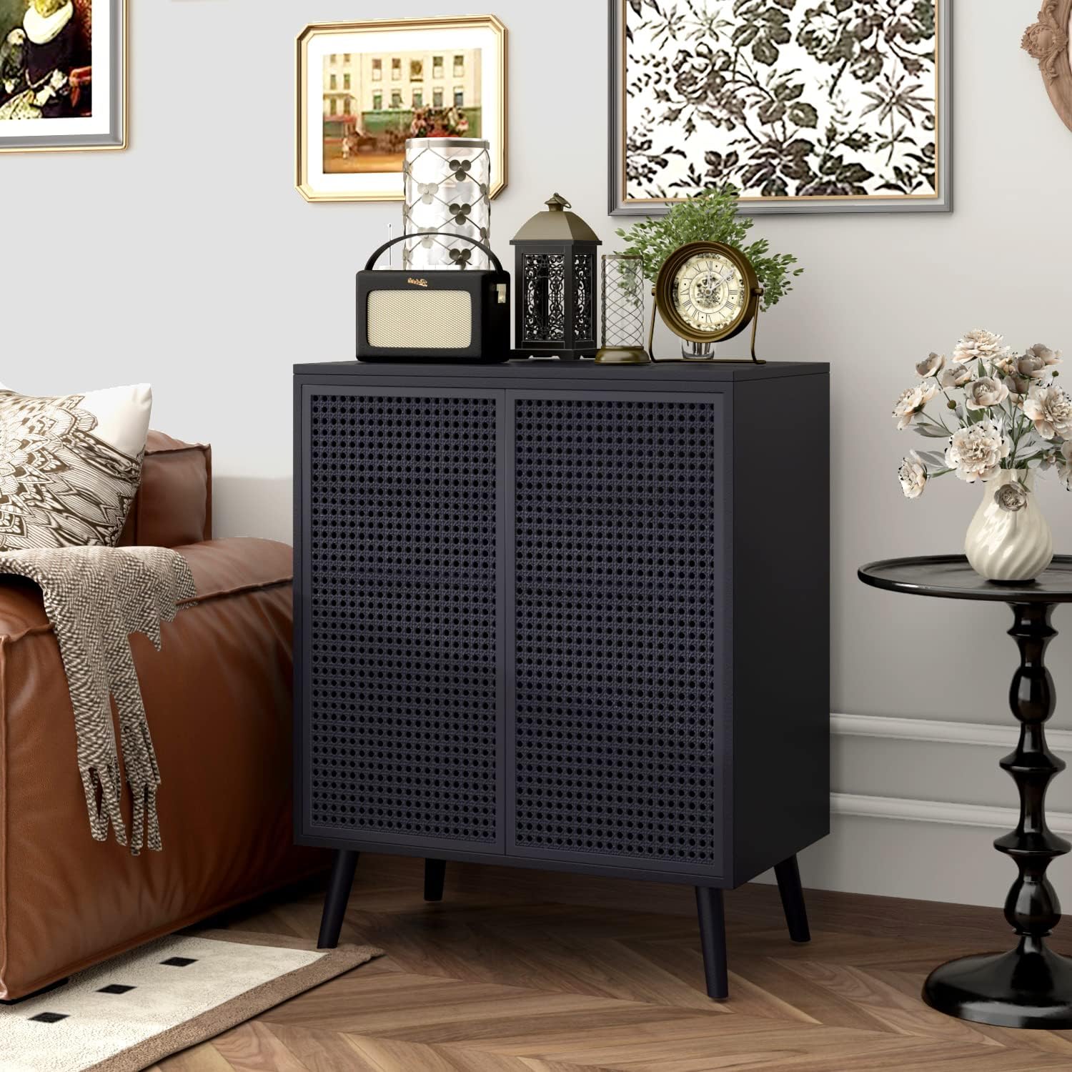 Metal Rattan Accent Cabinet - 2 Door Buffet Storage for Kitchen, Living Room and Hallway, Black