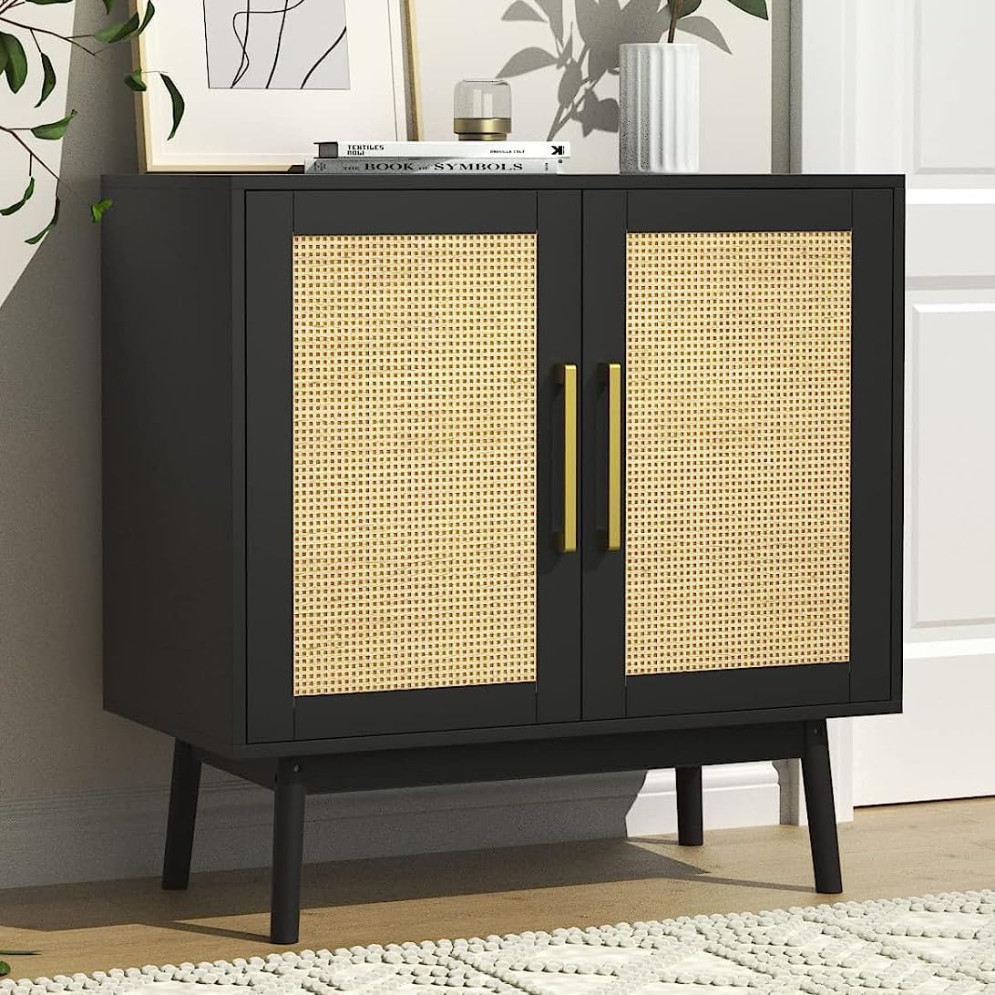 LYNSOM Rattan Storage Cabinet with Doors and Shelves, Natural Rattan Sideboard and Buffet with Storage, Free Standing Accent Cabinet for Entryway, Living Room, Office, Black