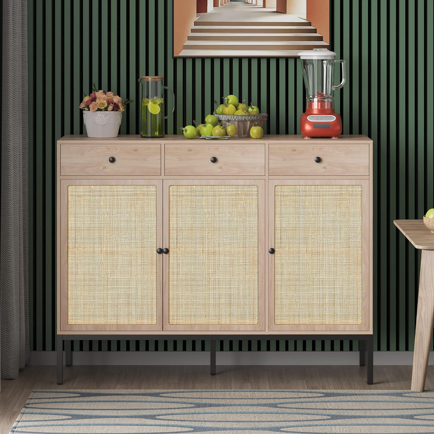 Yechen Sideboard Cabinet with Handmade Natural Rattan Woven Doors and Drawers, Buffet Cabinet Accent Cabinet, Rattan Cabinet, Storage Cabinet for Living Room, Hallway Entryway Kitchen