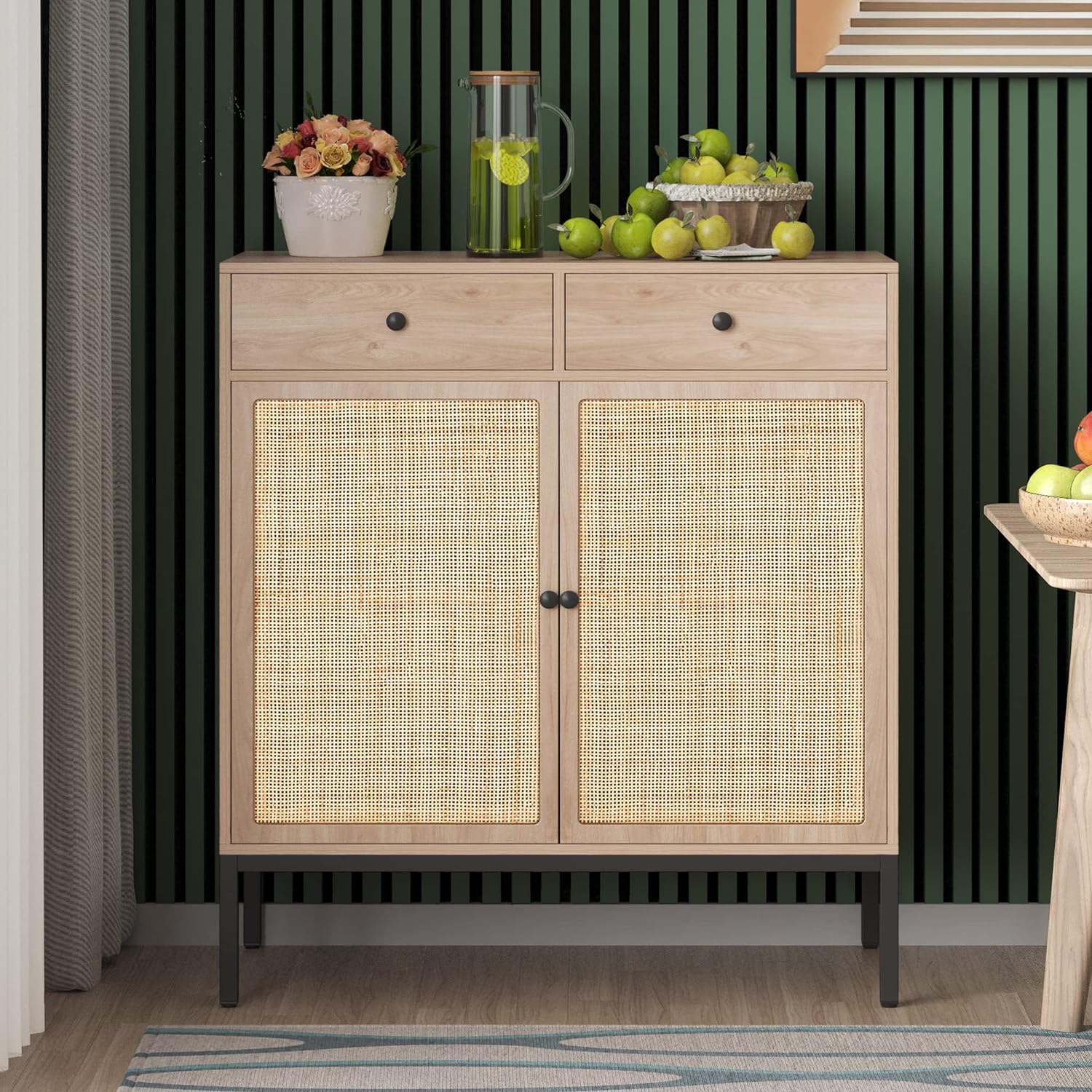 Yechen Sideboard Storage Cabinet with Handmade Natural Rattan Woven Doors and Drawers, Rattan Cabinet Buffet Cabinet with Storage, for Living Room, Dining Room, Entryway, Kitchen, Natural