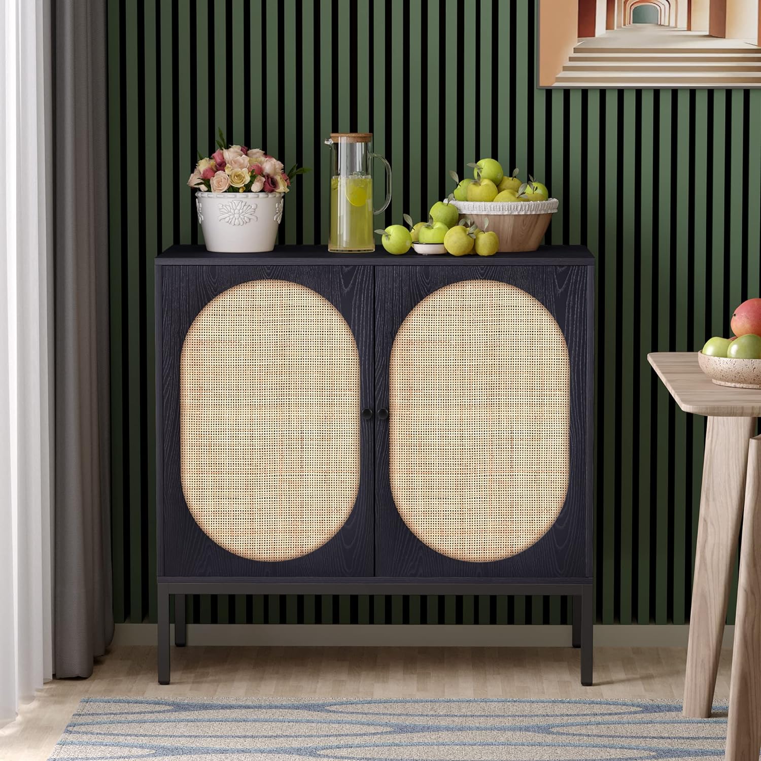 Yechen Storage Cabinet with 2 Handmade Natural Rattan Doors, Console Table Sideboard Cabinet Buffet Cabinet Rattan Cabinet, for Living Room, Dining Room, Entryway, Kitchen, Black, Oval Doors