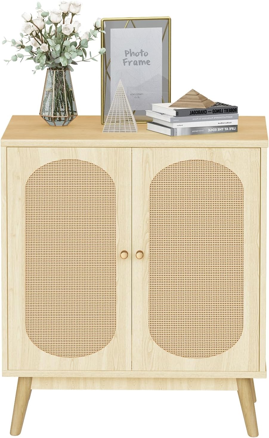 Lamerge Rattan Sideboard Storage Cabinet,2 Door Buffet Cupboard Accent Cabinet with Adjustable Shelves,Free Standing Bookmatch,Boho Cabinet,Hallway Console Table,Kitchen Cabinet,Oak