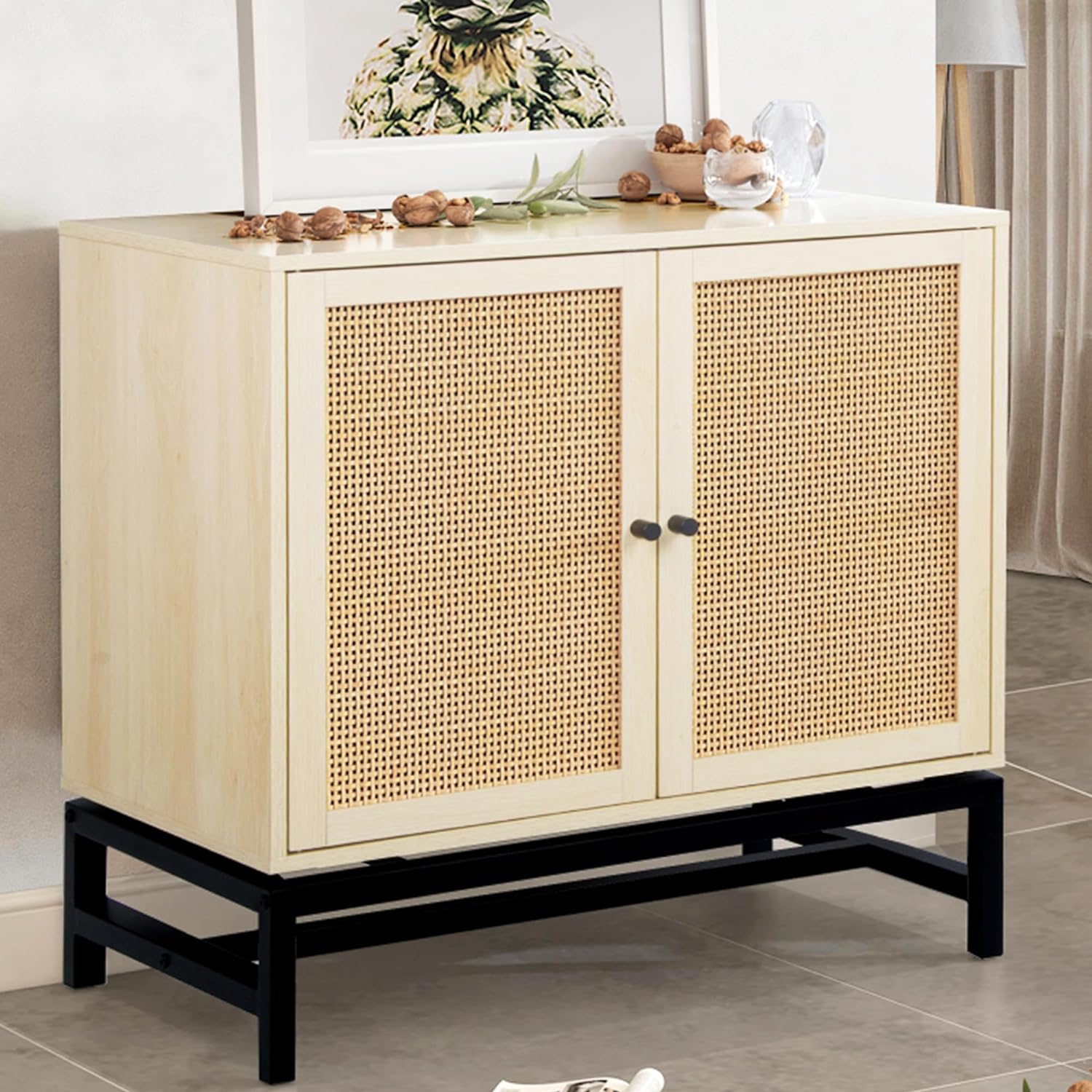 AWQM Sideboard Buffet Cabinet with Storage, Kitchen Buffet Storage Table with Natural Rattan Doors, Metal Bottom Cabinet for Dining Room, Living Room, Hallway, Entryways (1 PCS)