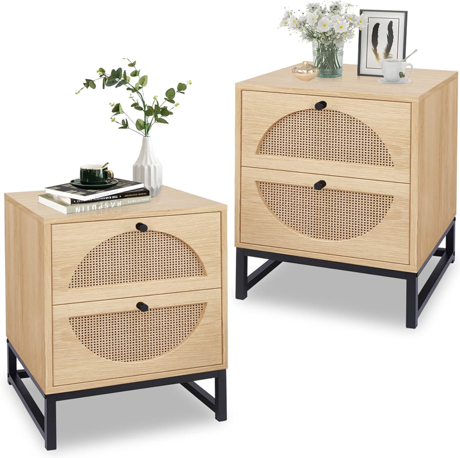 AWQM Rattan Nightstand Set of 2,Wood Bedside Table End Table Set of 2 with 2 Drawers,Boho Night Stand Sofa Side Table for Bedroom Living Room,Beige