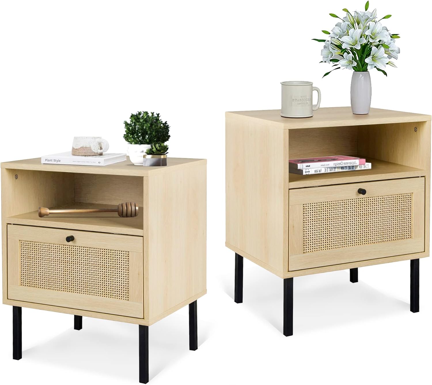 AWQM Rattan End Table Set of 2, Nightstand with Open Storage Shelves and Drawer, Wood Small Sofa Table Accent Side Table Storage Cabinet for Bedroom Living Room, Natural