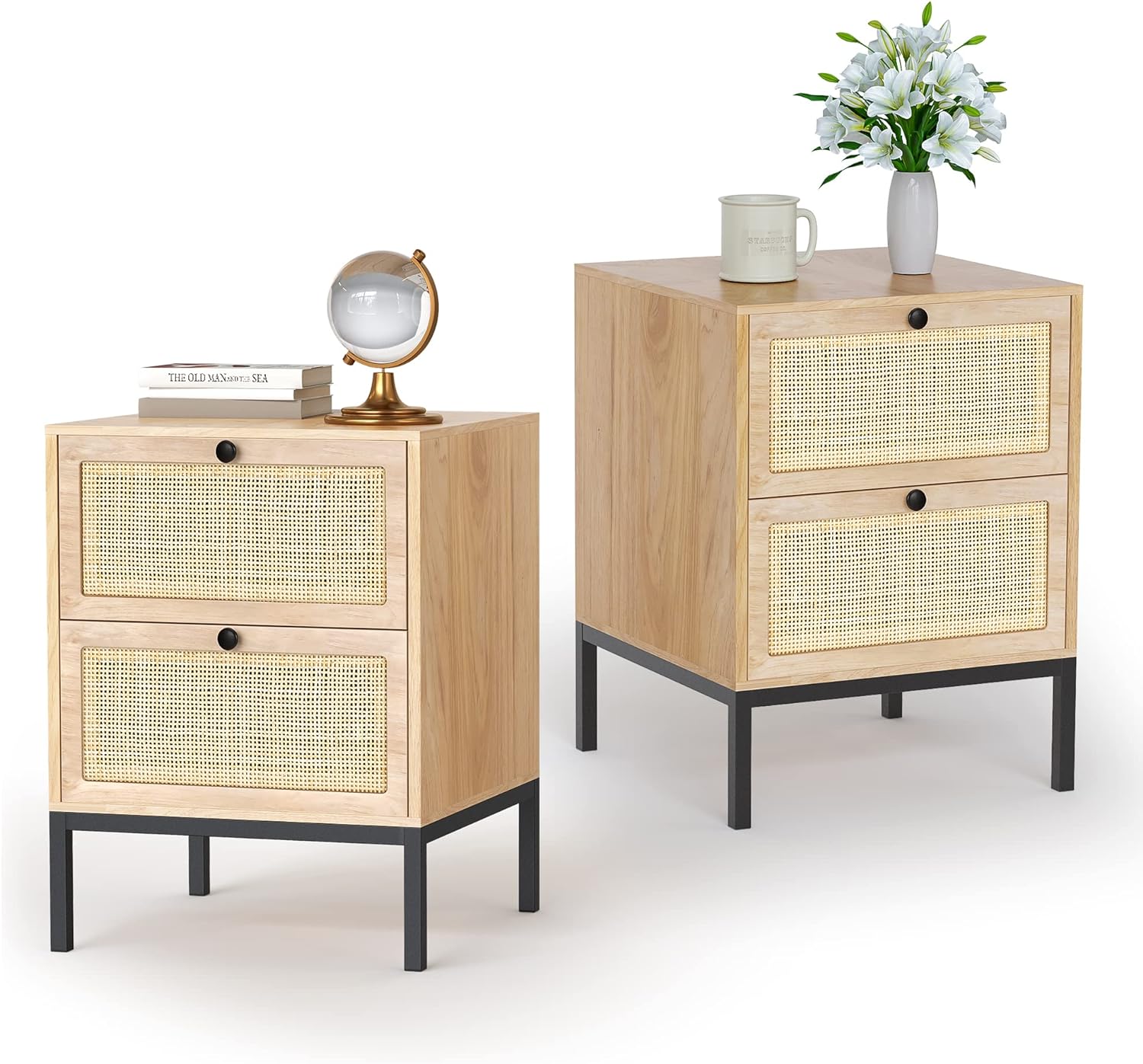 Yechen Nightstands Set of 2, Rattan Nightstand with Drawers, End Table, Bedside Table Set of 2,for Bedroom, Living Room, Sofa(Metal Legs)