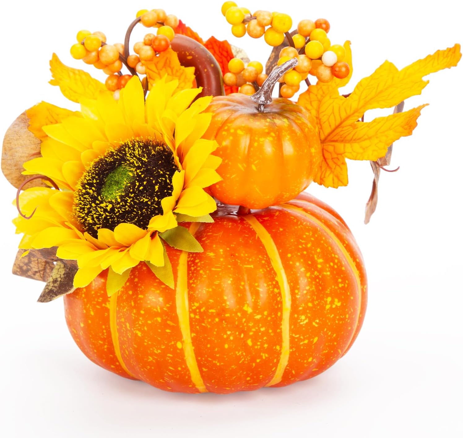 BigOtters 7Inch Artificial Pumpkin, Large Decorative Pumpkins Topped Artificial Sunflower Maple Leaves Eucalyptus Fake Pumpkins for Fall Halloween Thanksgiving Table Centerpiece