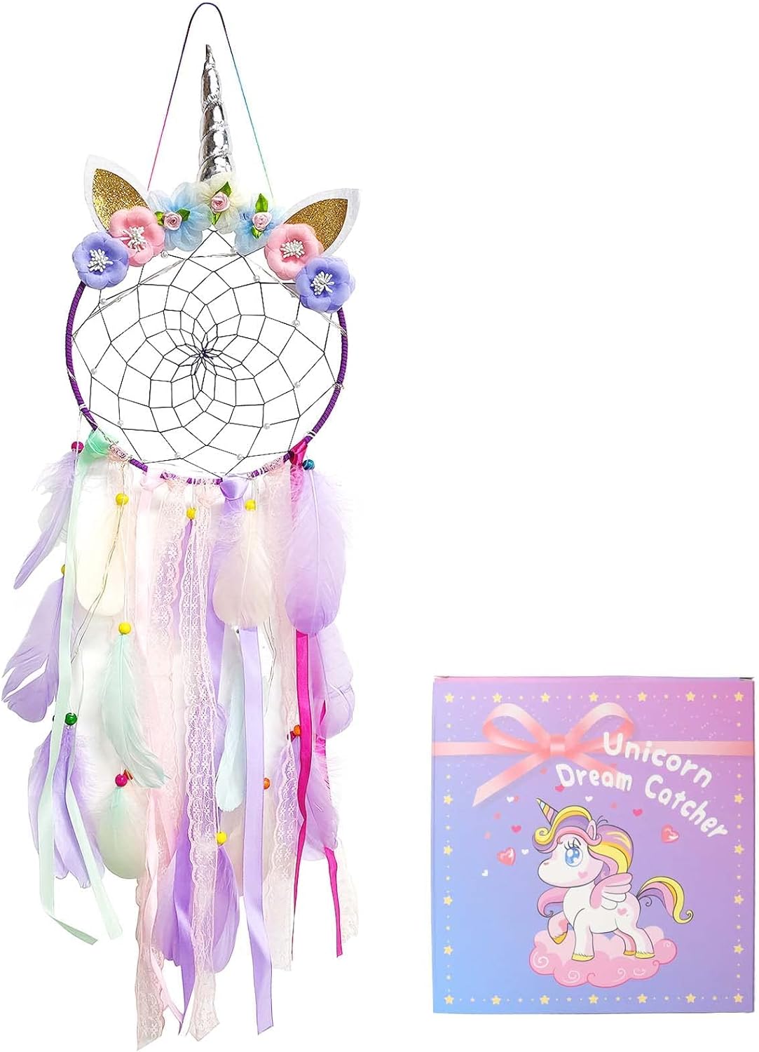 LED Lighted Up Unicorn Dream Catcher Wall Decor Colorful Feather Dreamcather Wall Hanging for Girls Kids Bedroom Decoration (Purple with Light)