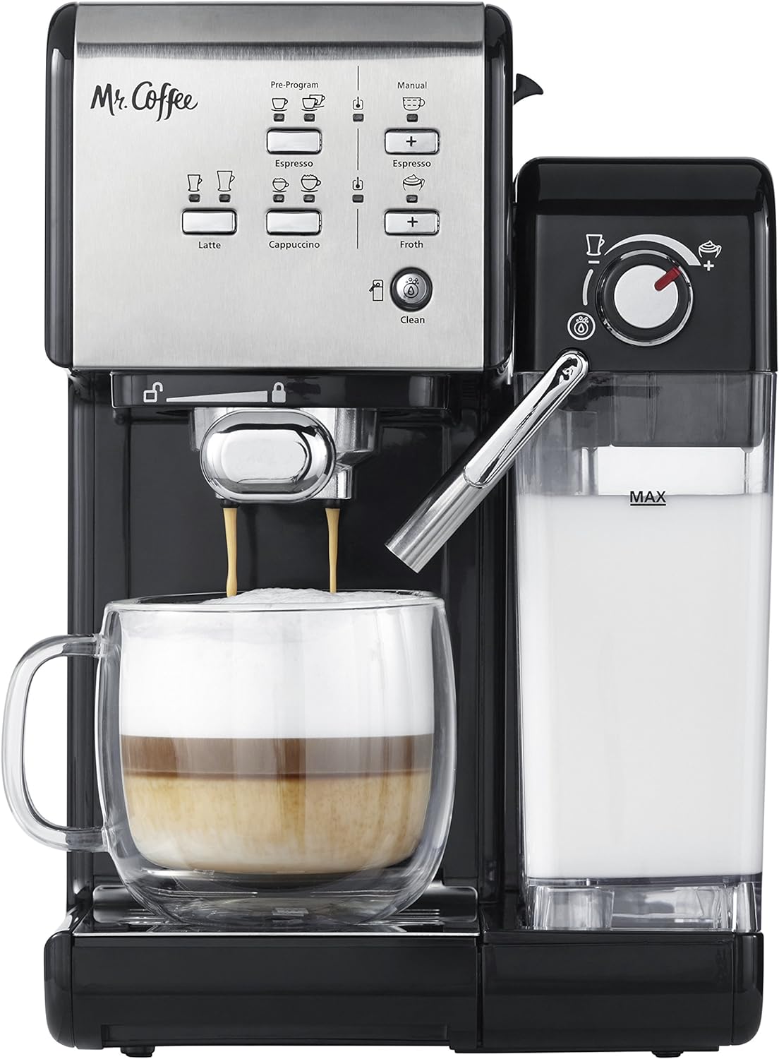 Mr. Coffee Espresso and Cappuccino Machine, Programmable Coffee Maker with Automatic Milk Frother and 19-Bar Pump, Stainless Steel