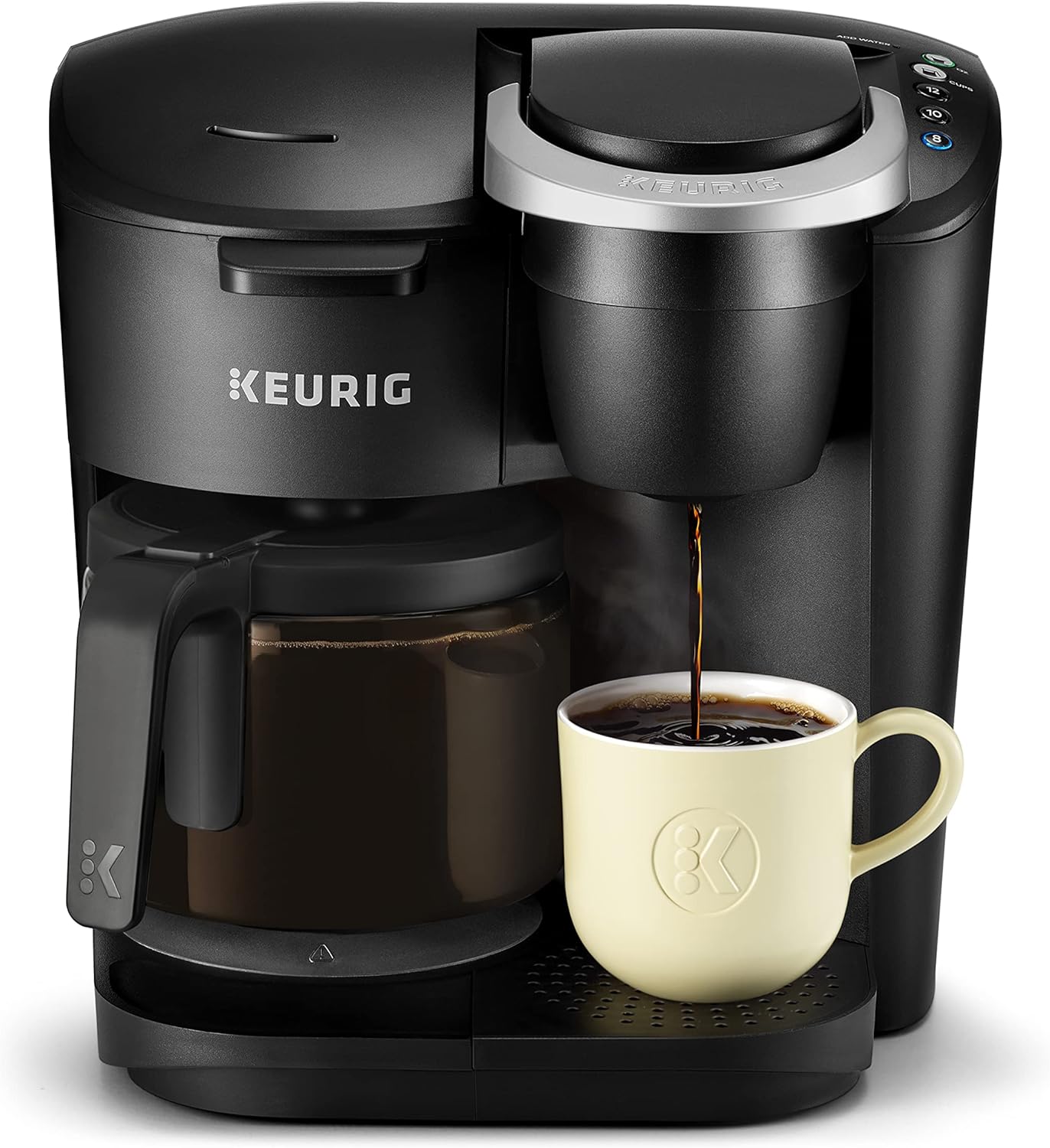 Great love the fact that my son and I can have the kcup coffee and my wife can still enjoy a half pot of ground coffee