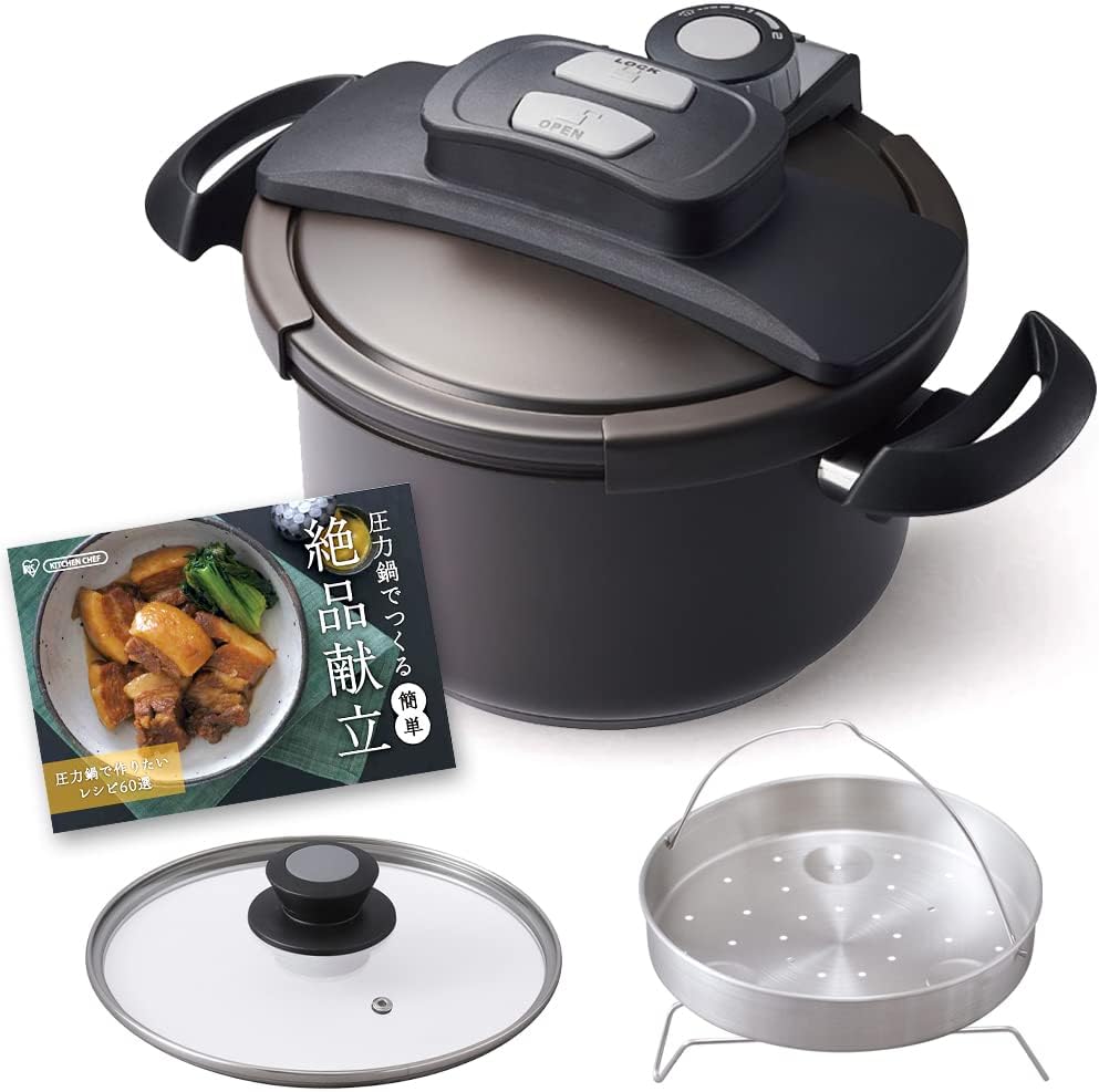 Iris Ohyama NRAN-5L Pressure Cooker, 1.2 gal (5.0 L), Induction Compatible, Inner Scale Included, 3-Layer Bottom, Slide Closure, 2-Step Switching, Safety Lock Function, Two-Handled Pot, Brown