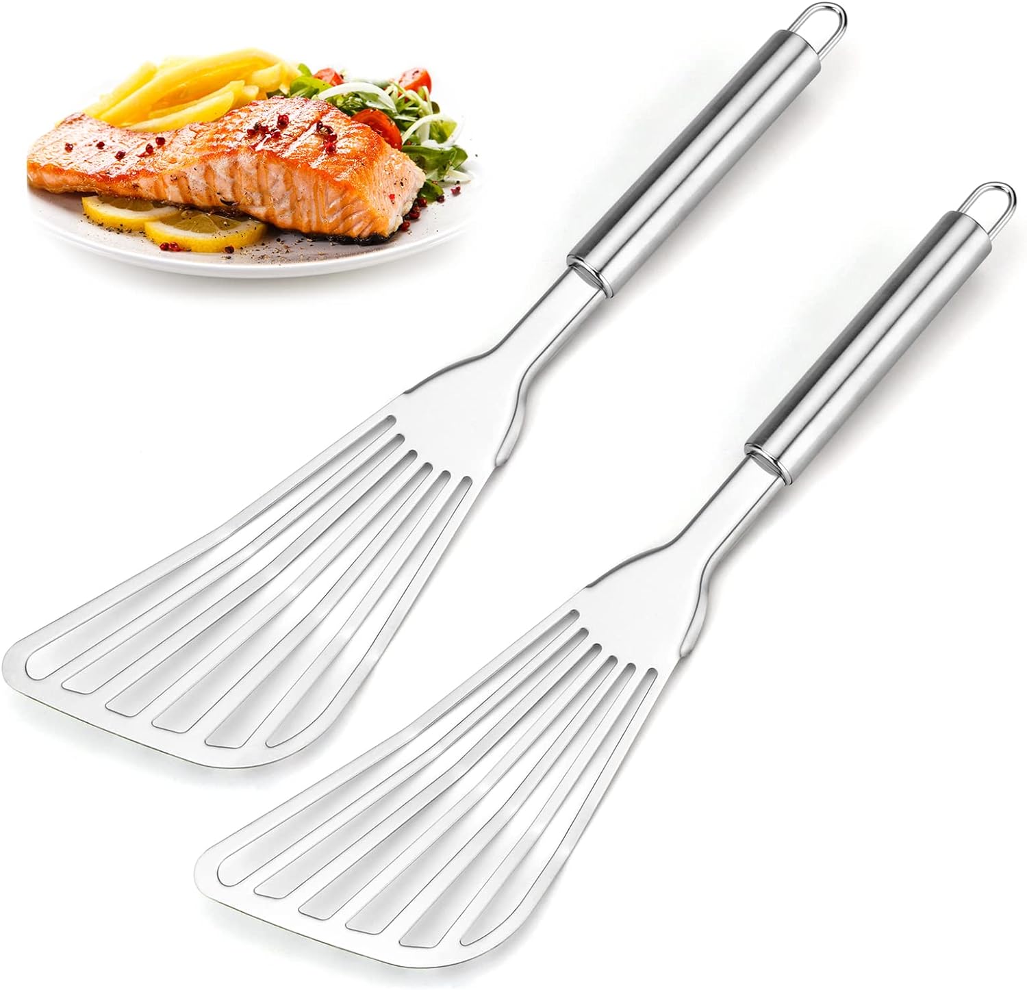 2-Piece Cualork Fish Spatula, Upgrade Metal Spatula, Big Size Spatula Stainless Steel, Premium Kitchen Spatula Set, Thickness Blade Spatulas Turner for Cooking, Flipping, Turning, Frying and Grilling