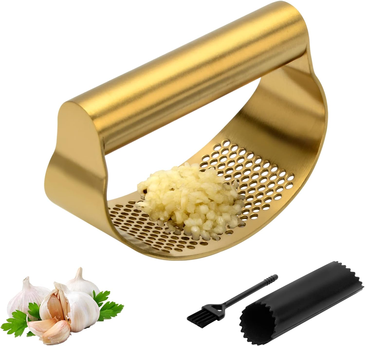 Garlic Press Rocker, Stainless Steel Garlic Mincer Crusher with Silicone Garlic Peeler Tube and Cleaning Brush, Gold