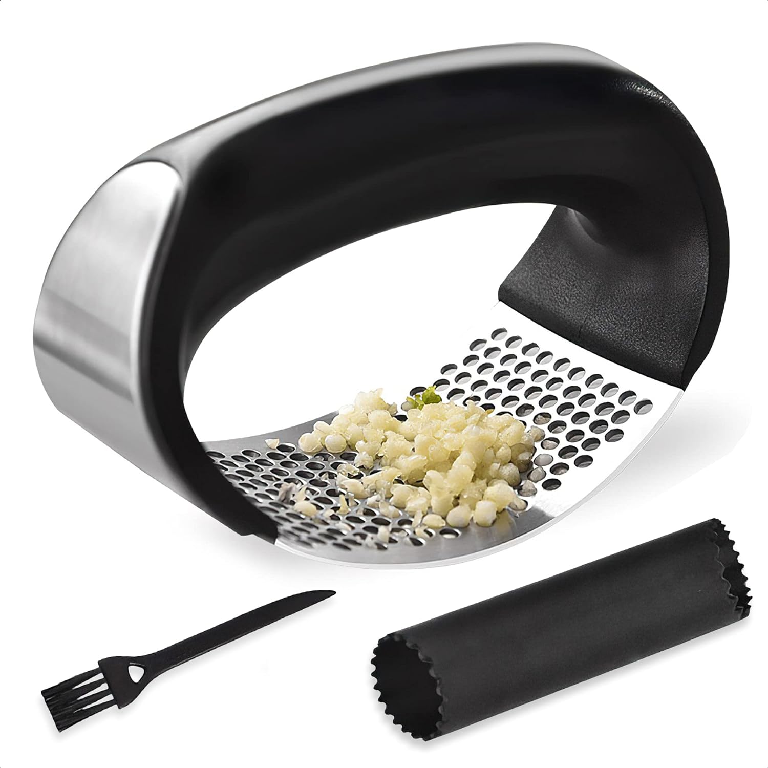 Cuisinly - Garlic Press - Garlic Press Stainless Steel - Garlic Press Rocker - Garlic Chopper - Garlic Crusher - Garlic Mincer - With Free Silicone Garlic Peeler and Cleaning Brush