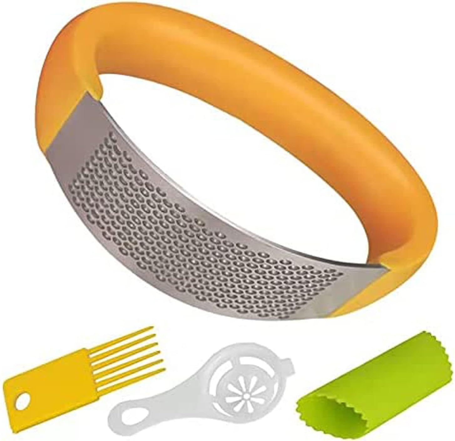 Garlic Press Rocker,Professional Garlic Chopper tool and Crusher,Garlic peeler,durable Rocker and Cleaning brush Plus egg yolk separator-Kitchen Gadgets (Orange)