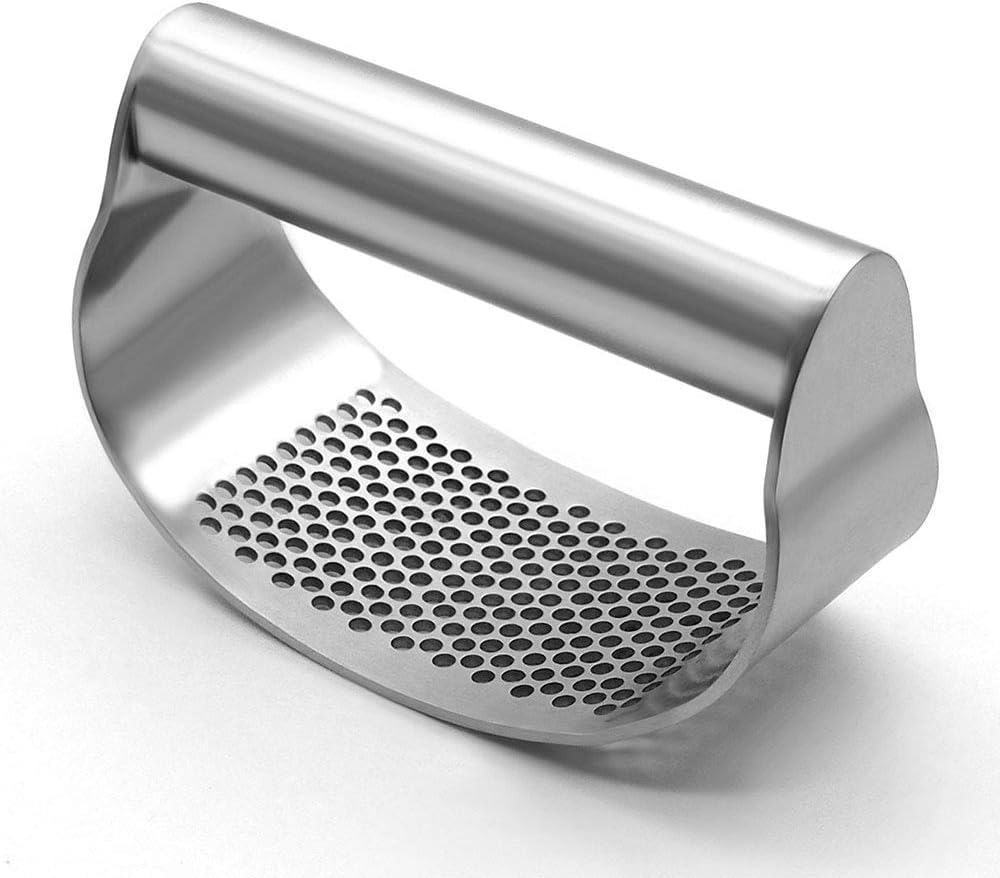 Garlic Press Rocker Stainless Steel, Fruit Crusher with Comfortable Handle Porous Surface, Easy Use & Clean, Vegetable Squeezer Kitchen Tool