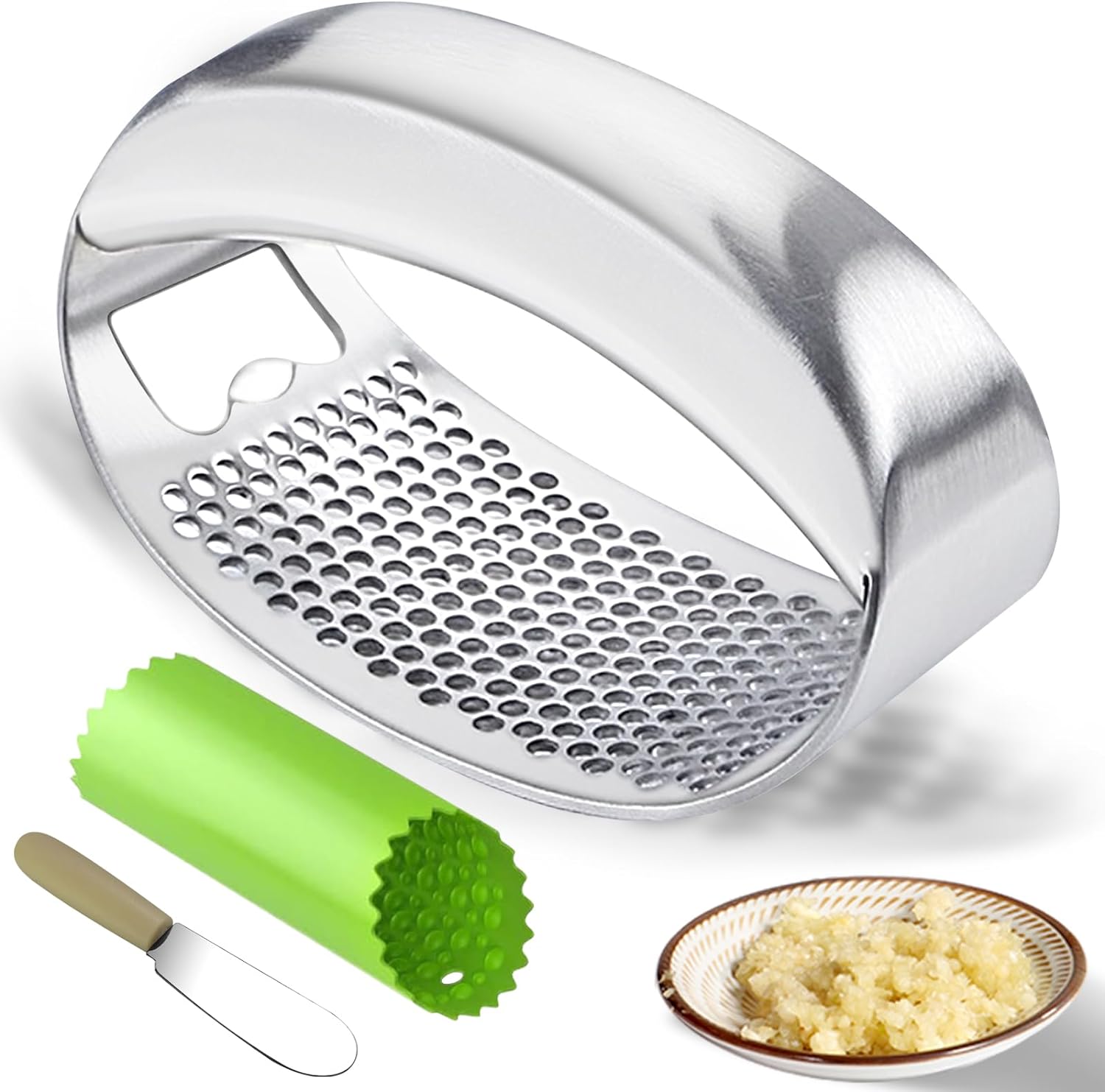 Garlic Press Rocker Heavy Duty Stainless Steel Garlic Mincer Garlic Crusher Garlic Chopper with Peeler And Scraper for Smash Garlic Built-in Bottle Opener